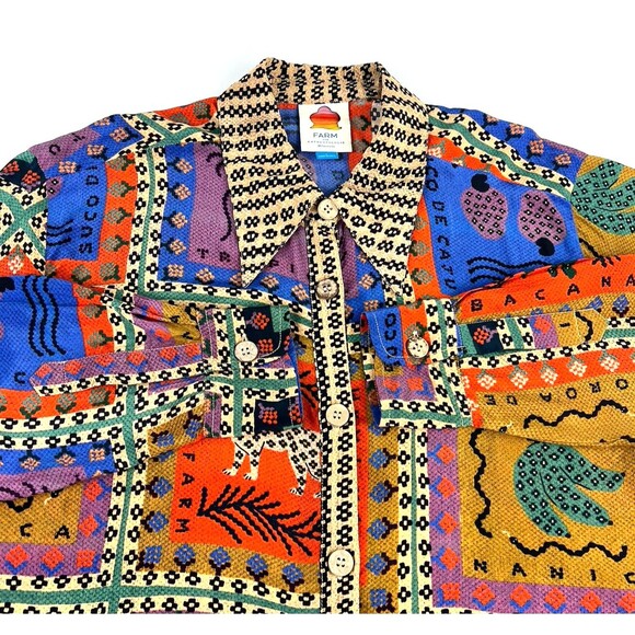 Farm Rio x Anthropologie Blouse Shirt Womens L Button Up BOHO Animals Novelty - Picture 3 of 9